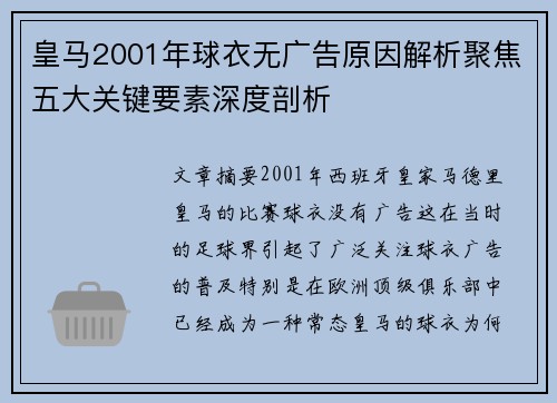 皇马2001年球衣无广告原因解析聚焦五大关键要素深度剖析